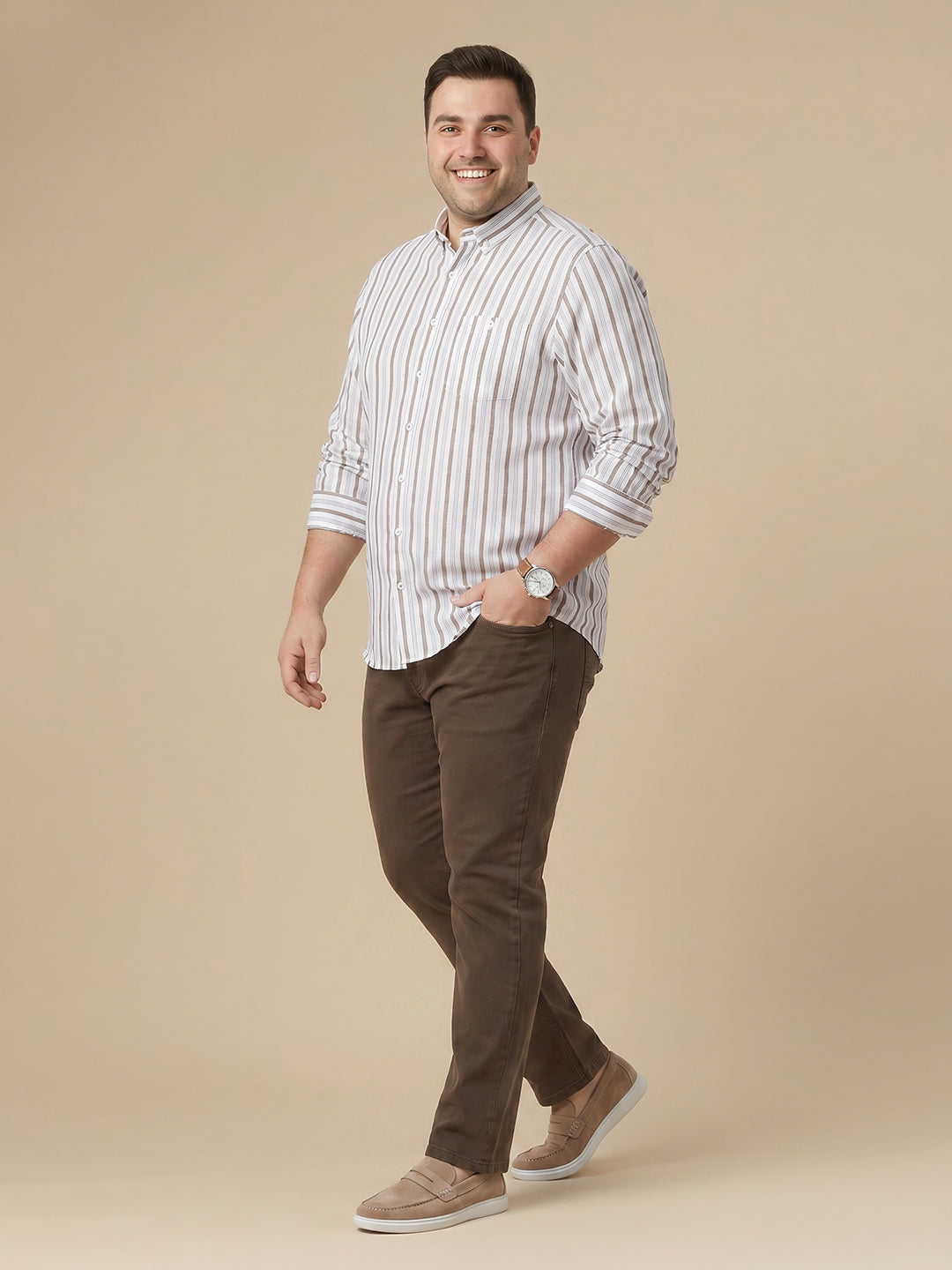 Thomas Scott Men Premium White Plus Size Regular Fit Long Sleeves Button Down Collar Vertical Stripes Cotton Linen Casual Shirt