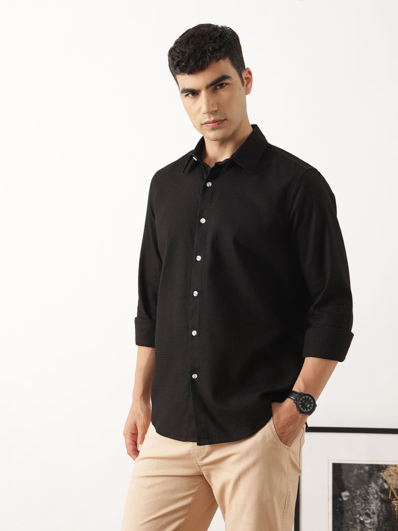 Thomas Scott Men Premium Black Regular Fit Long Sleeves Spread Collar Textured Casual Shirt