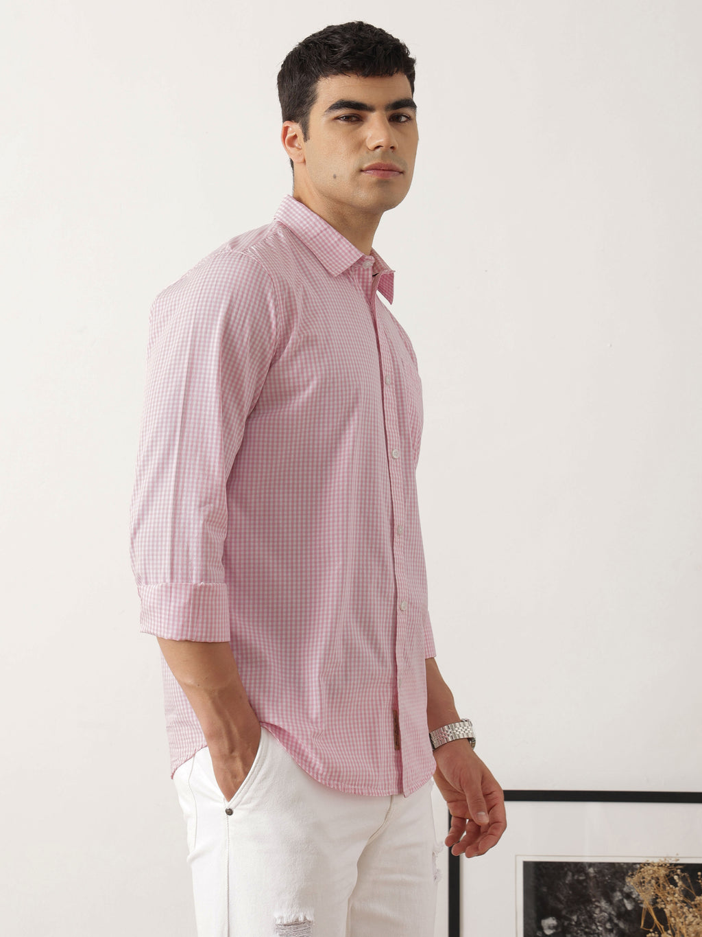 Thomas Scott Men Premium Pink Slim Fit Long Sleeves Spread Collar Gingham Checks Cotton Linen Casual Shirt