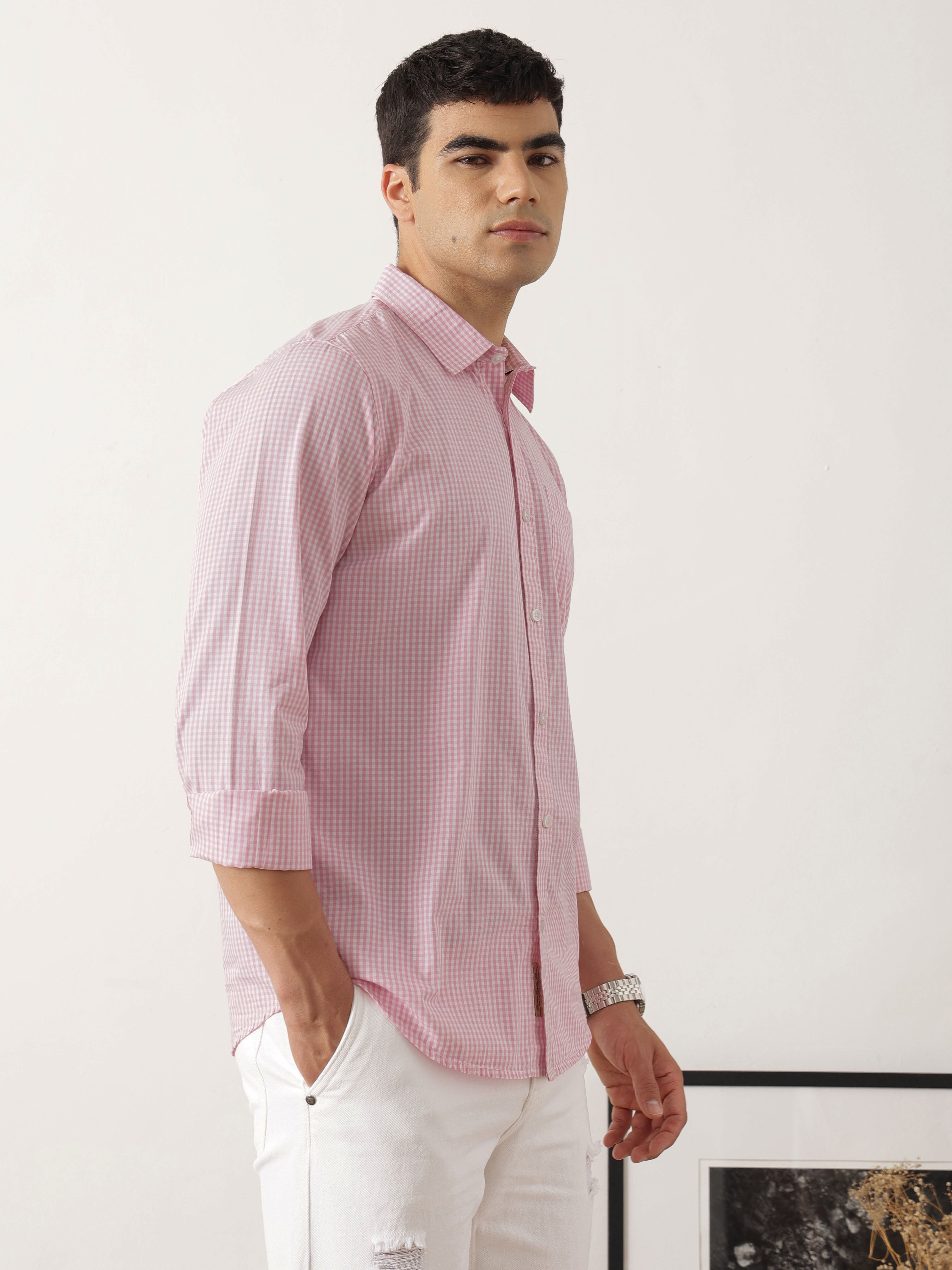 Thomas Scott Men Premium Pink Slim Fit Long Sleeves Spread Collar Gingham Checks Cotton Linen Casual Shirt