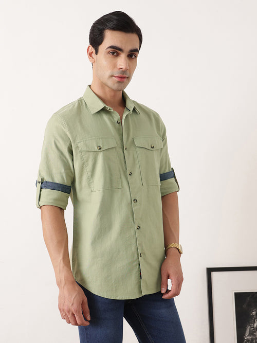Thomas Scott Men Olive Premium Slim Fit Long Roll-Up Sleeves Spread Collar Solid Cotton Casual Shirt with Flap Pockets