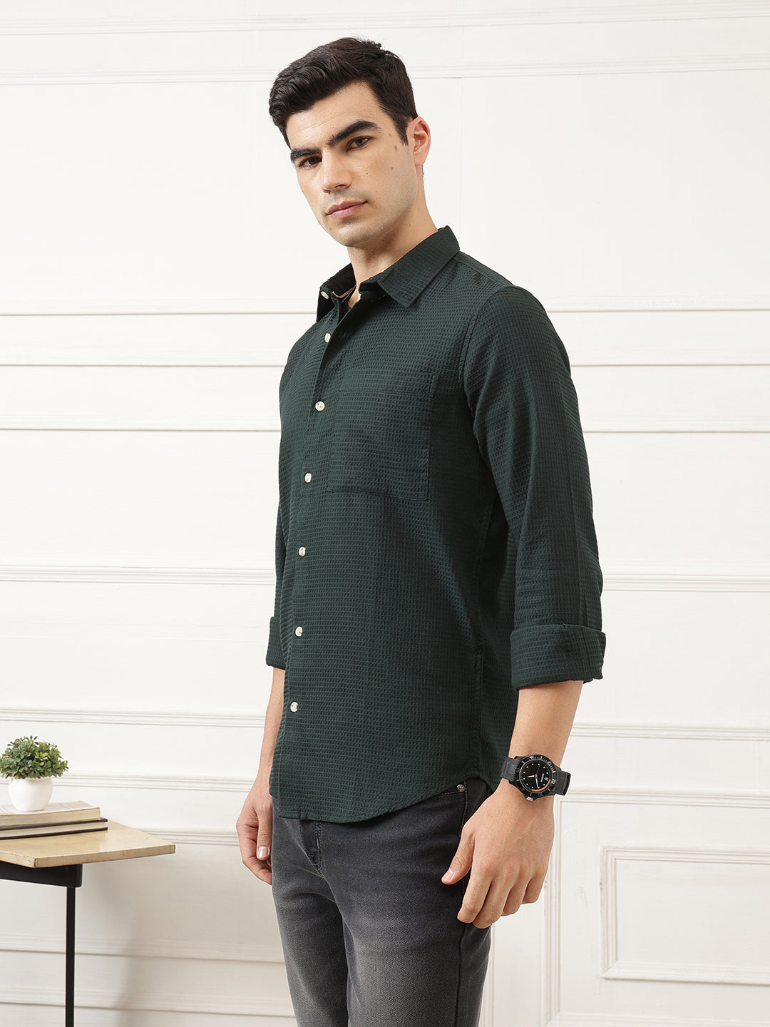 Green Premium Regular Fit Long Sleeves Spread Collar Textured Cotton Casual Shirt For Men