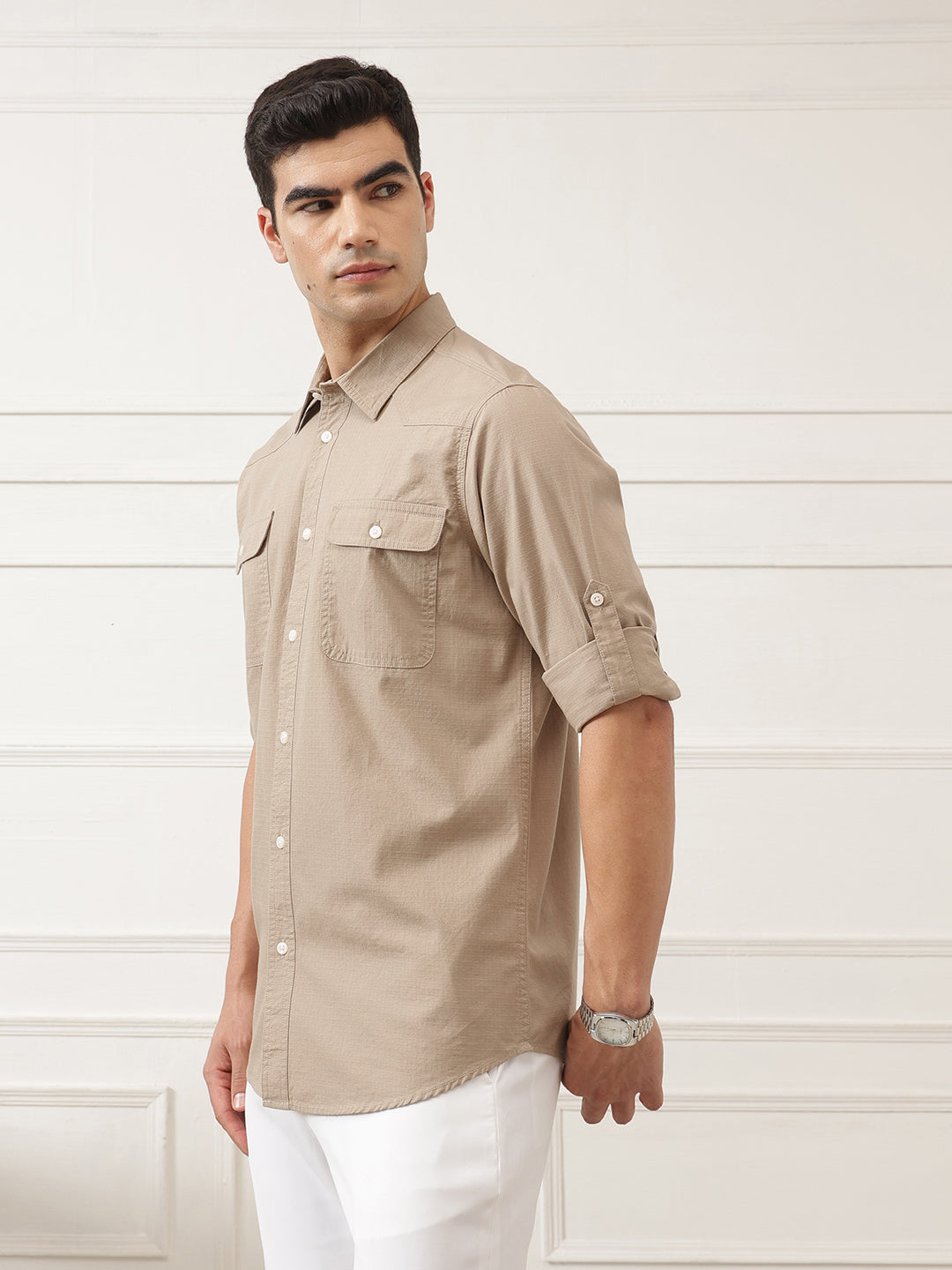 Beige Roll-Up Sleeve Regular Fit Spread Collar Textured Cotton Casual Shirt For Men