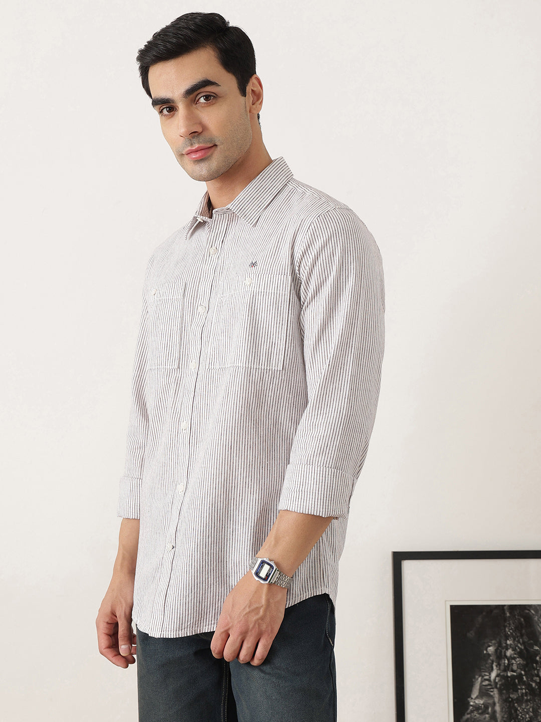 Thomas Scott Men Premium Maroon Regular Fit Long Sleeves Spread Collar Pinstripes Cotton Linen Casual Shirt