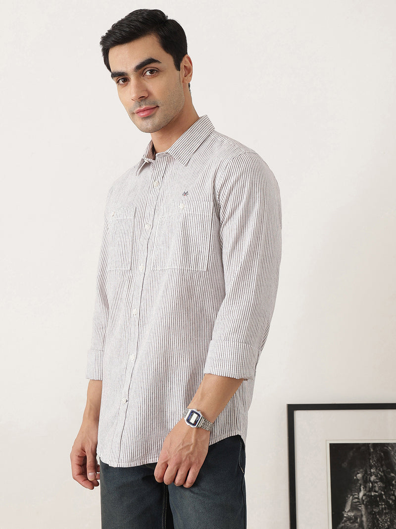 Thomas Scott Men Premium Maroon Regular Fit Long Sleeves Spread Collar Pinstripes Cotton Linen Casual Shirt