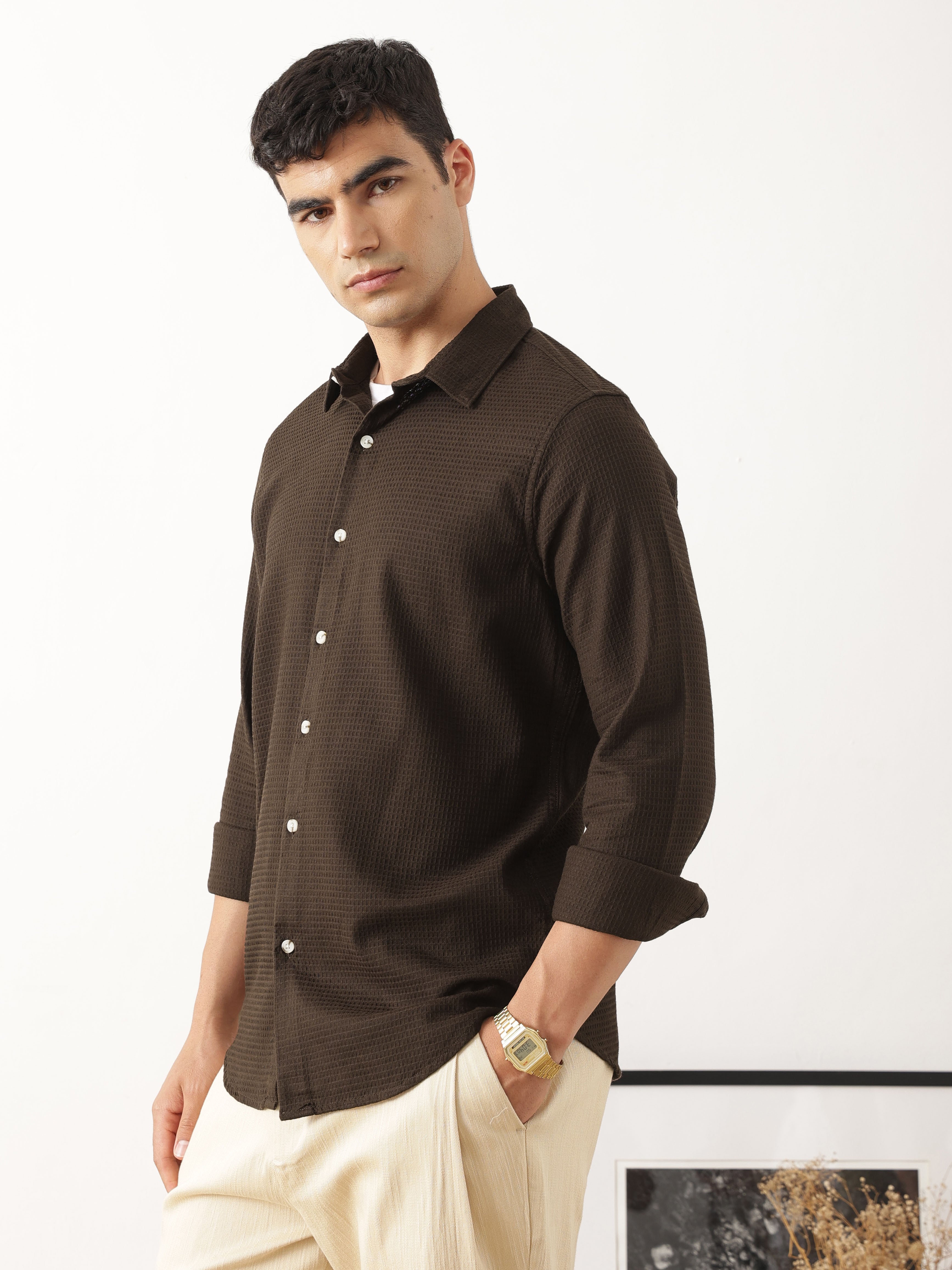 Thomas Scott Men Premium Brown Regular Fit Long Sleeves Spread Collar Textured Casual Shirt