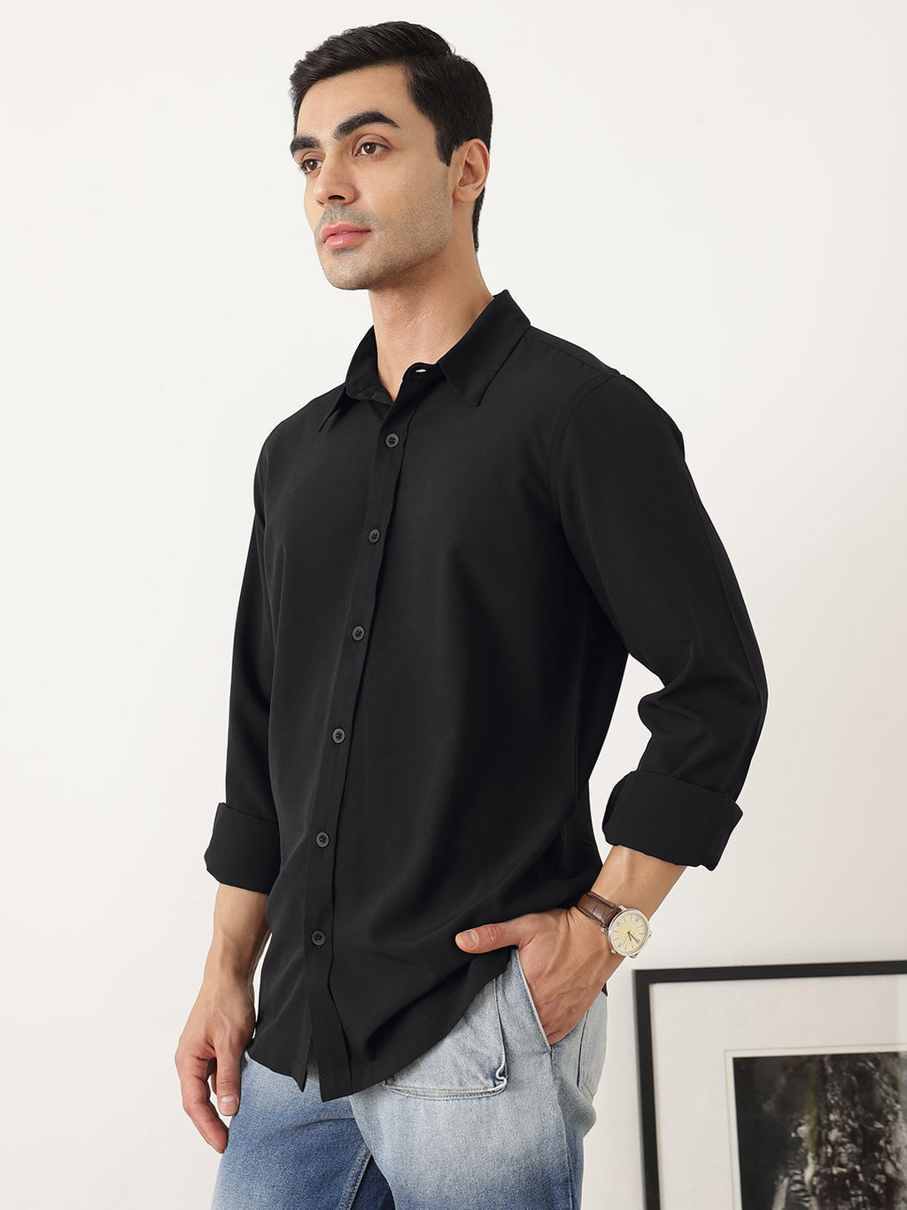 Thomas Scott Men Premium Black Slim Fit Long Sleeves Spread Collar Solid Casual Shirt
