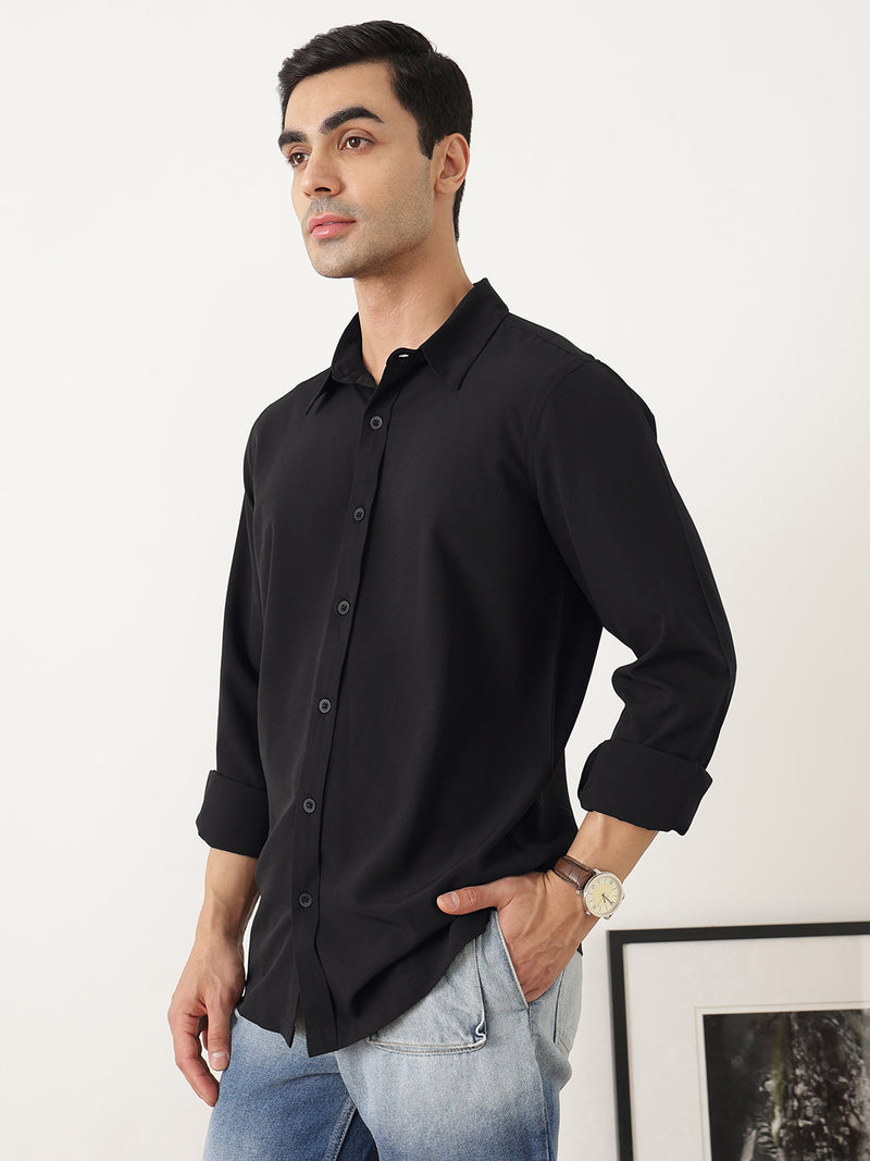 Thomas Scott Men Premium Black Slim Fit Long Sleeves Spread Collar Solid Casual Shirt