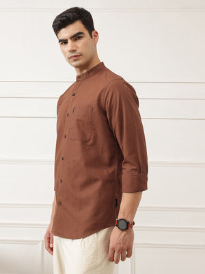 Rust Slim Fit Long Sleeves Mandarin Collar Solid Cotton Linen Casual Shirt For Men