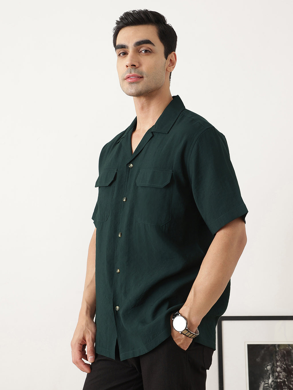 Thomas Scott Men Premium Olive Oversize Fit Short Sleeves Cuban Collar Textured Casual Shirt