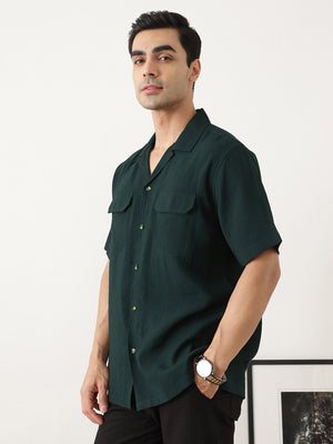 Thomas Scott Men Premium Olive Oversize Fit Short Sleeves Cuban Collar Textured Casual Shirt