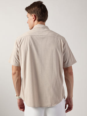 Thomas Scott Men Beige Premium Oversized Short Sleeves Spread Collar Corduroy Casual Shirt