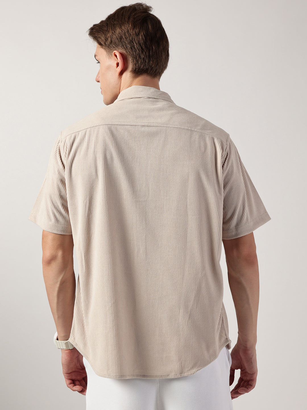 Thomas Scott Men Beige Premium Oversized Short Sleeves Spread Collar Corduroy Casual Shirt