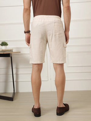 Beige Regular Fit Mid-Rise Textured Cotton Linen Cargo Shorts For Men