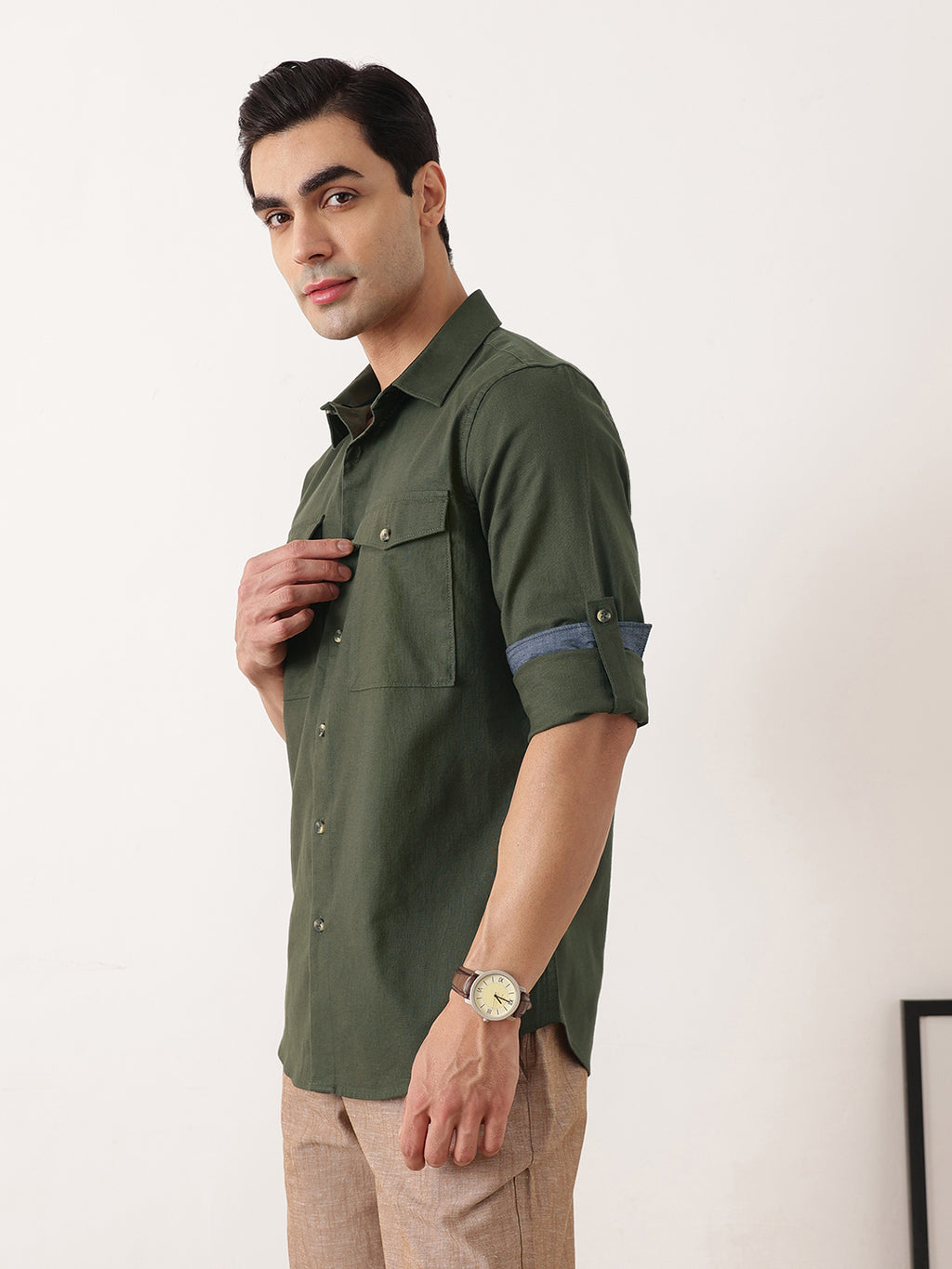 Thomas Scott Men Bottle Green Premium Slim Fit Long Roll-Up Sleeves Spread Collar Solid Cotton Casual Shirt with Flap Pockets