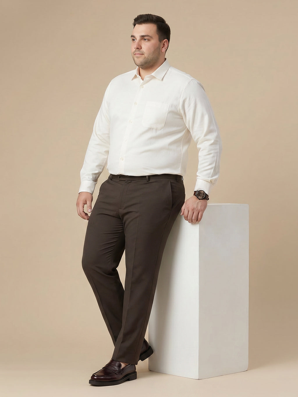Yellow Plus Size Smart Long Sleeves Regular Fit Spread Collar Solid 100% Cotton Formal Shirt For Men