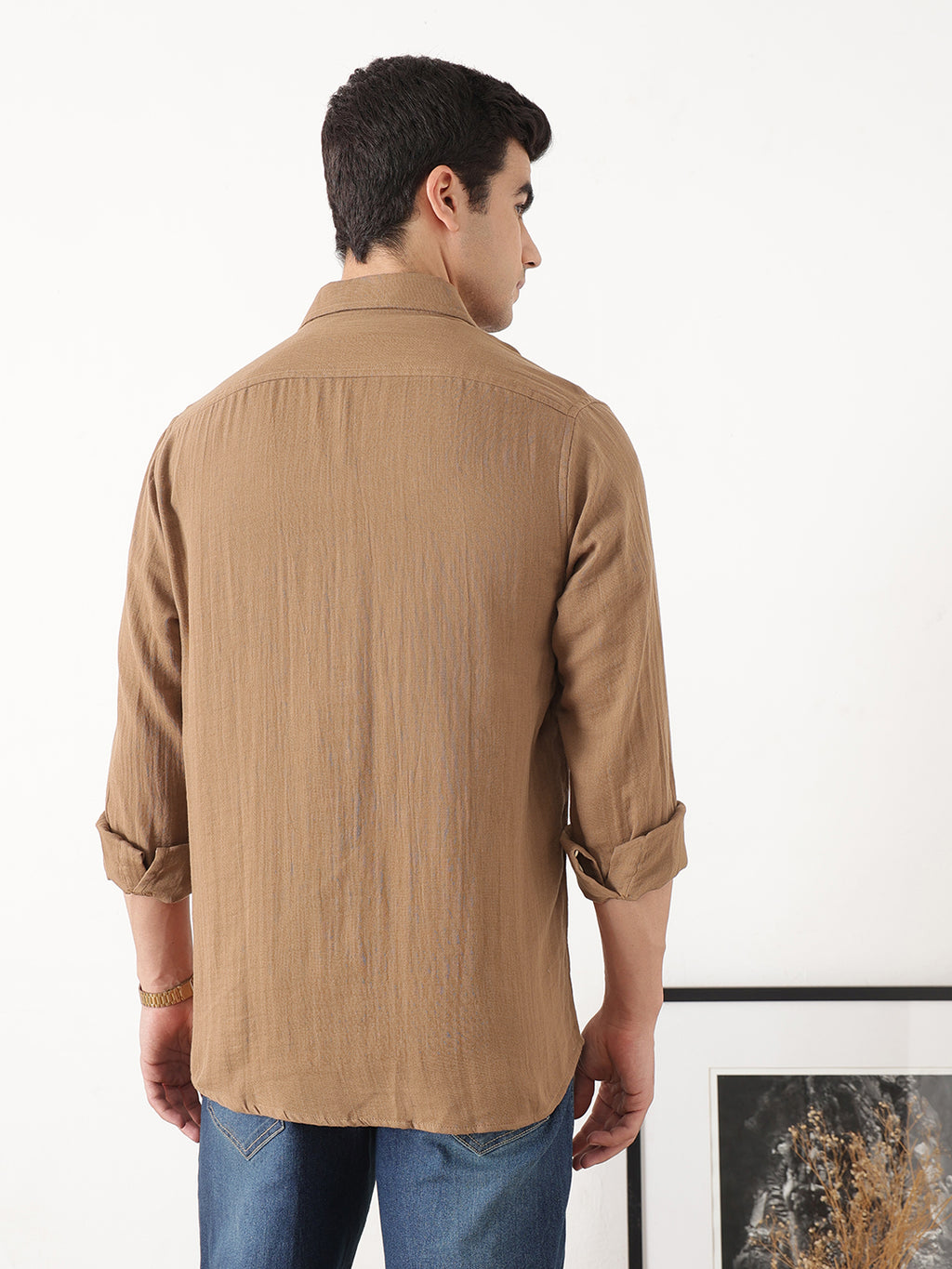 Brown Premium Regular Fit Long Sleeves Spread Collar Solid Cotton Casual Shirt For Men