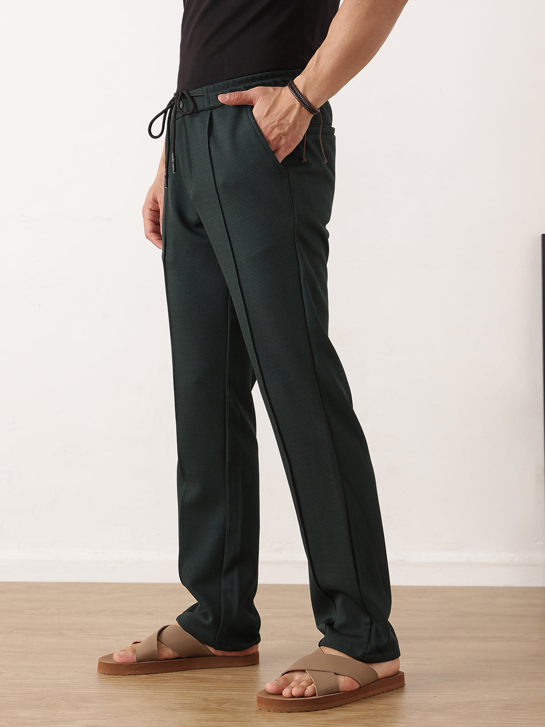 Thomas Scott Men Green Smart Regular Fit Mid-Rise Textured Pleated Knitted Casual Trousers with Drawstring Closure