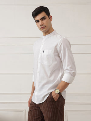 White Slim Fit Long Sleeves Mandarin Collar Solid Cotton Linen Casual Shirt For Men