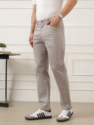 Grey Smart Easy Wash Regular Fit Mid-Rise Solid Woven Chinos Trouser For Men