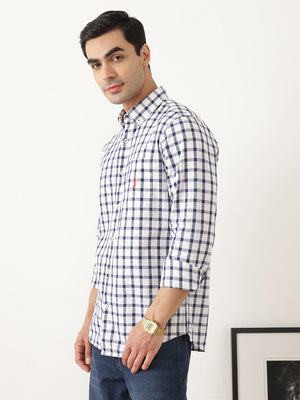 Thomas Scott Men Navy Regular Fit Long Sleeves Gingham Checks Button Down Collar Cotton Linen Casual Shirts