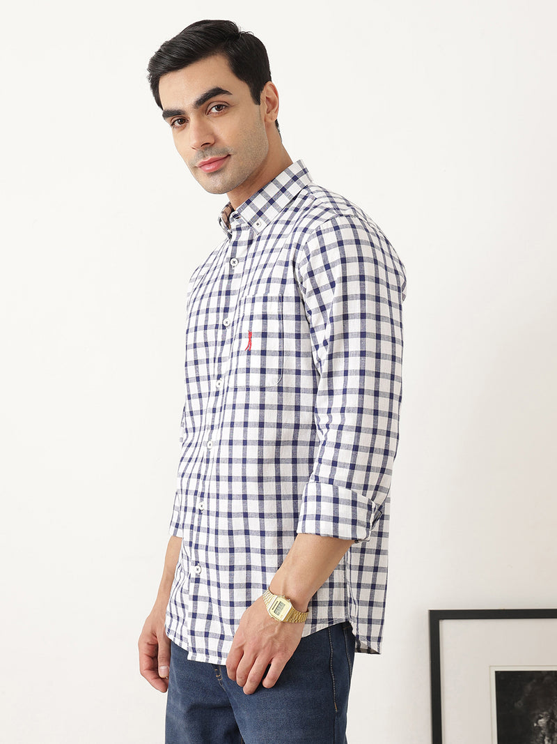 Thomas Scott Men Navy Regular Fit Long Sleeves Gingham Checks Button Down Collar Cotton Linen Casual Shirts