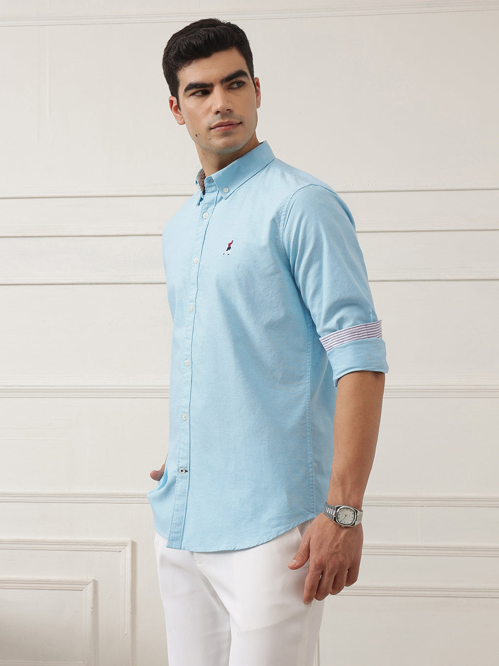 Aqua Premium Regular Fit Button-Down Collar Solid Pure Cotton Casual Shirt For Men
