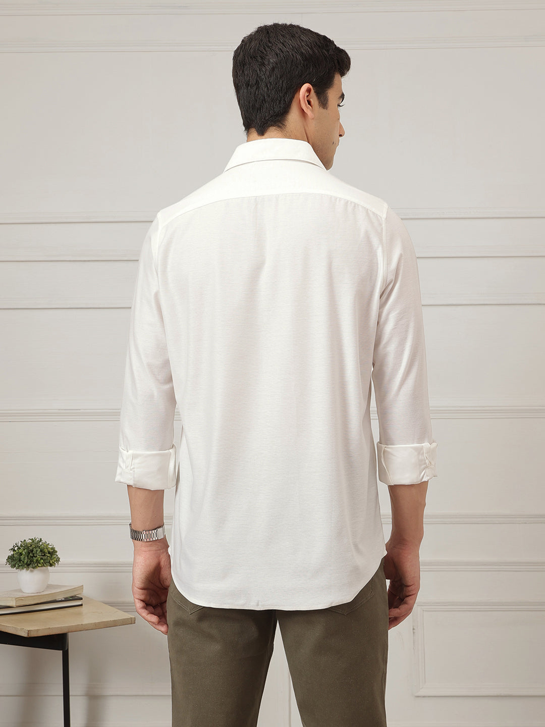 Off White Premium Regular Fit Long Sleeves Spread Collar Solid Knitted Casual Shirt For Men