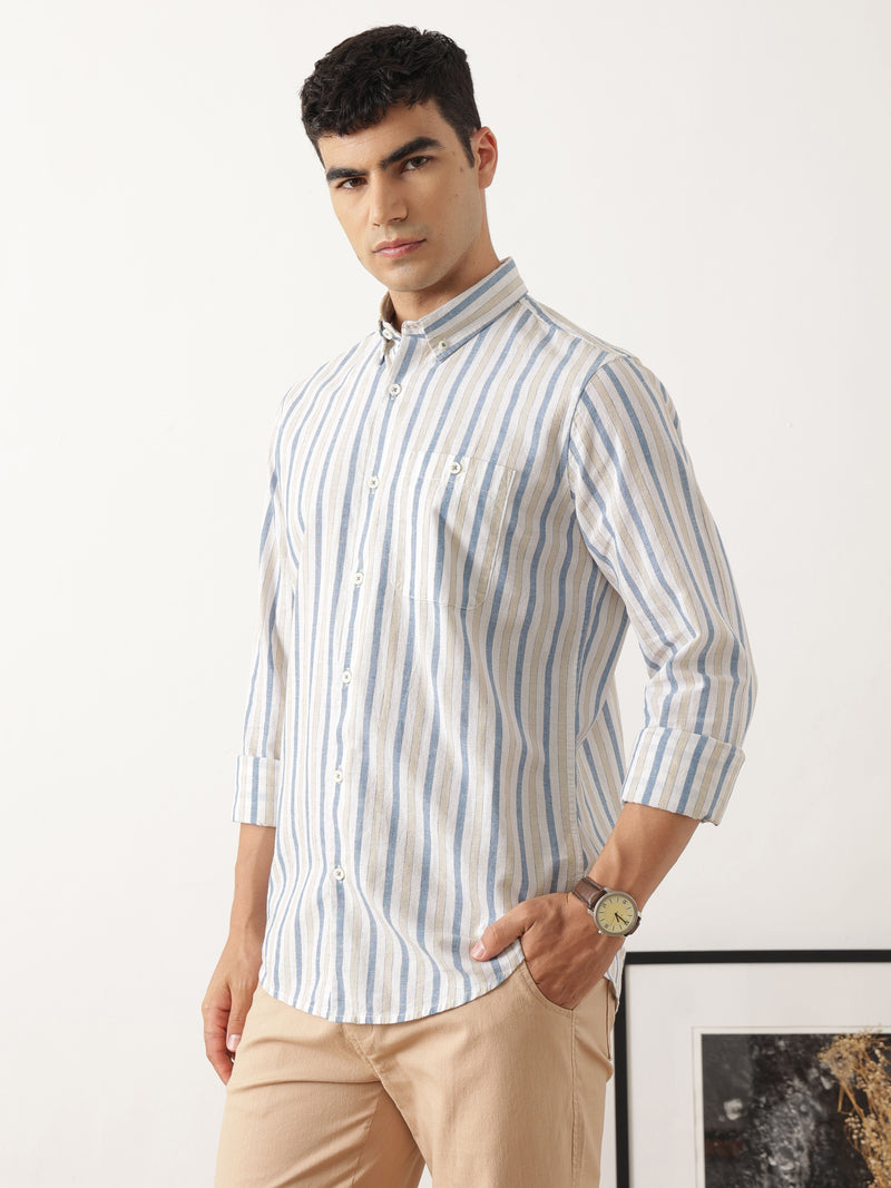 Thomas Scott Men Premium Blue Slim Fit Long Sleeves Vertical Striped Cotton Linen Casual Shirt with Button Down Collar