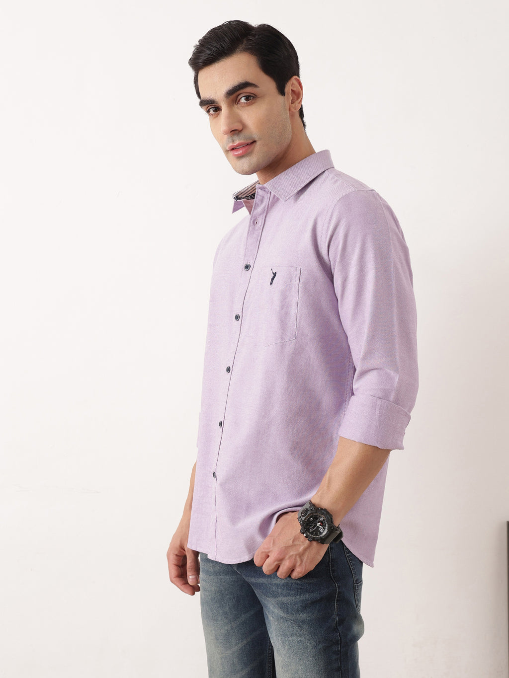 Thomas Scott Men Purple Premium Slim Fit Long Sleeves Spread Collar Solid Cotton Twill Shirt