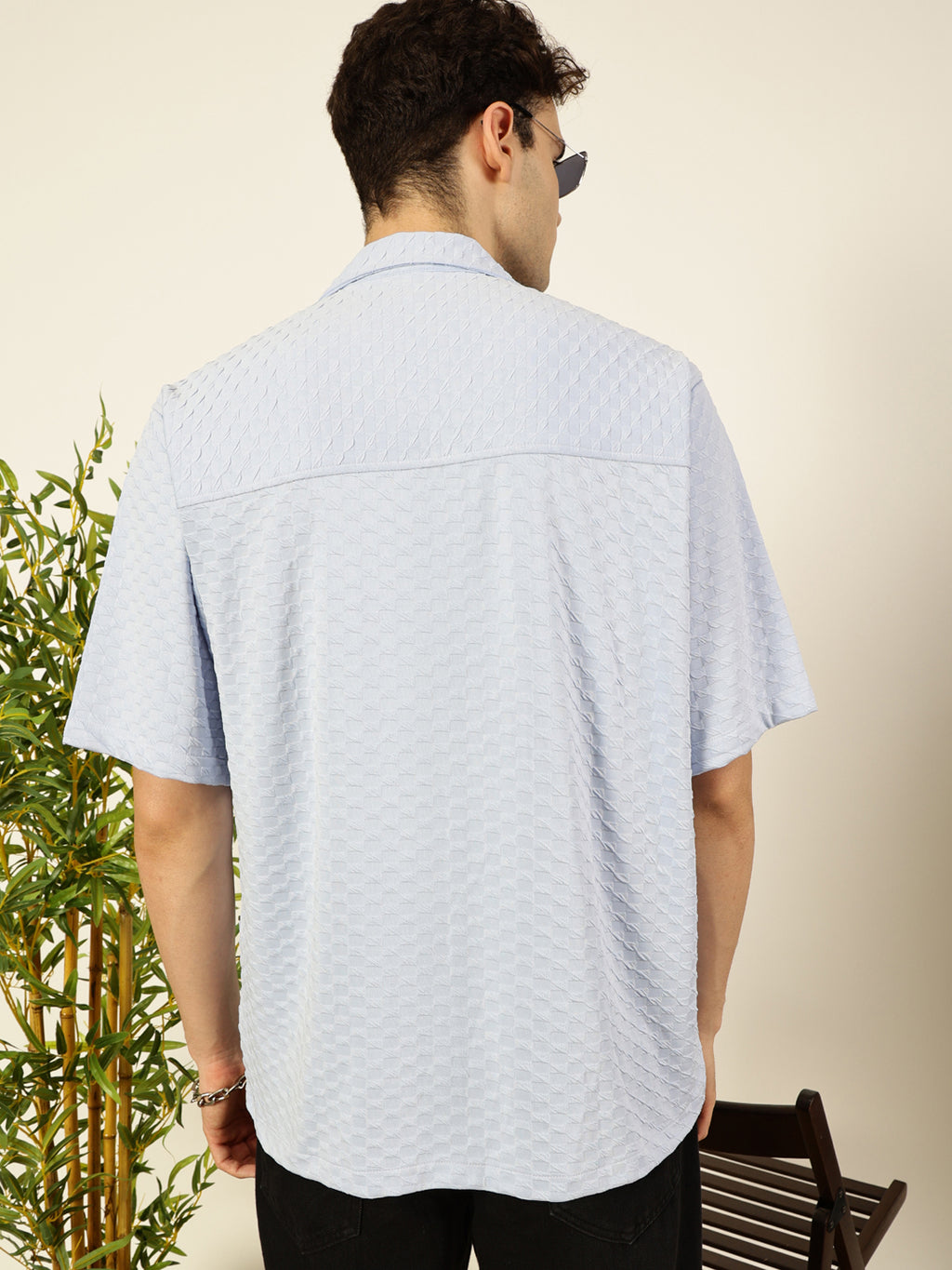 Thomas Scott Men Sky Blue Premium Short Sleeves Relaxed Fit Cuban Collar Textured Cotton Casual Shirt