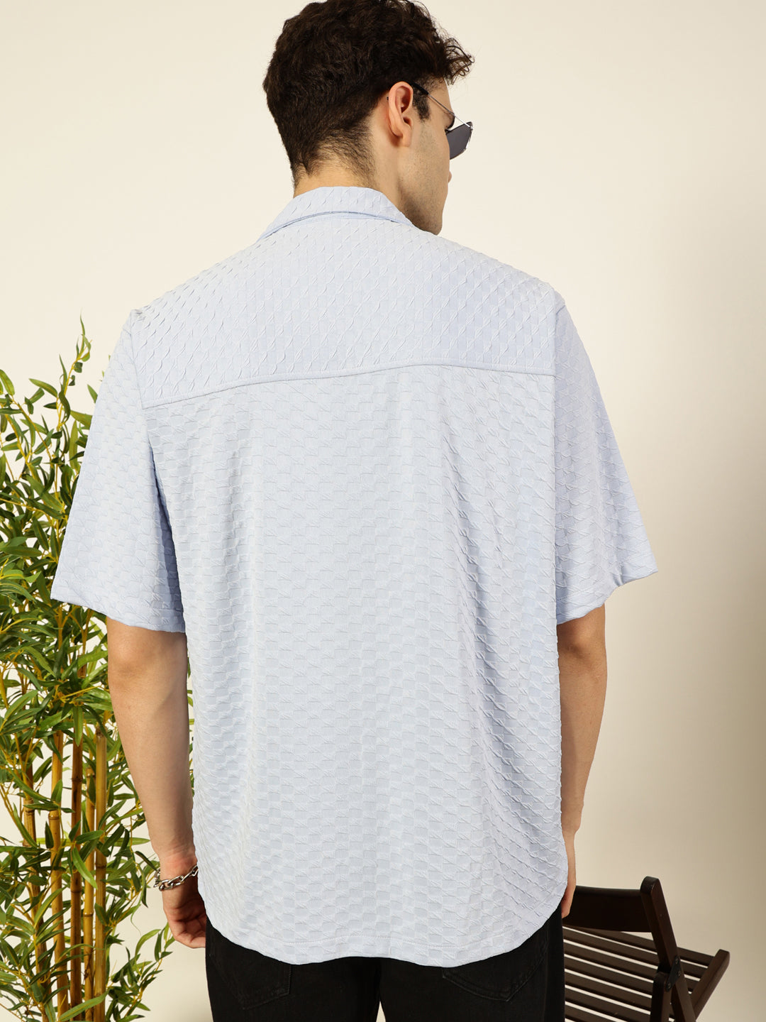 Thomas Scott Men Sky Blue Premium Short Sleeves Relaxed Fit Cuban Collar Textured Cotton Casual Shirt