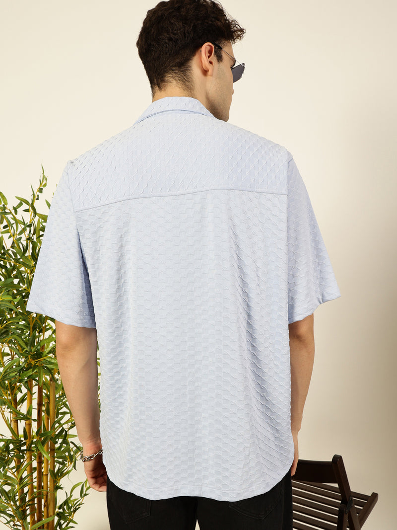 Thomas Scott Men Sky Blue Premium Short Sleeves Relaxed Fit Cuban Collar Textured Cotton Casual Shirt