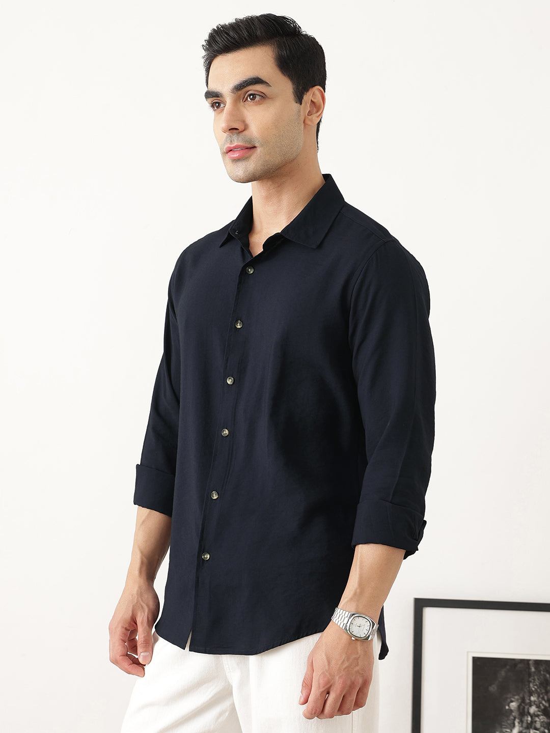 Thomas Scott Men Navy Premium Slim Fit Long Sleeves Semi Cutaway Collar Casual Shirt