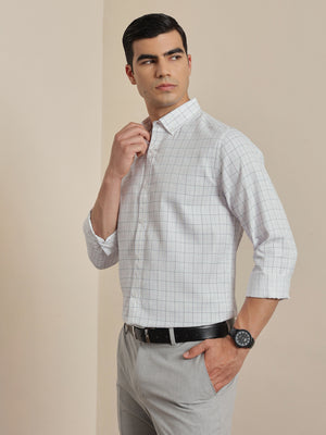Thomas Scott Men Smart White Regular Fit Long Sleeves Button Down Collar Windowpane Checks Formal Shirt