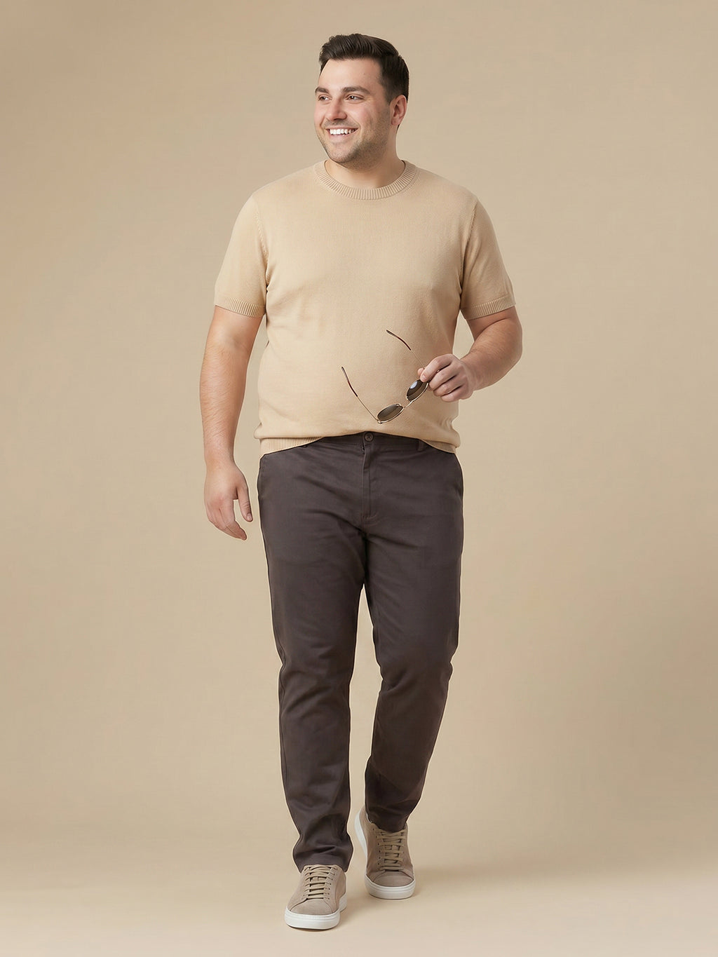 Thomas Scott Men Charcoal Plus Size Regular Fit Mid-Rise Solid Cotton Woven Chinos Trouser