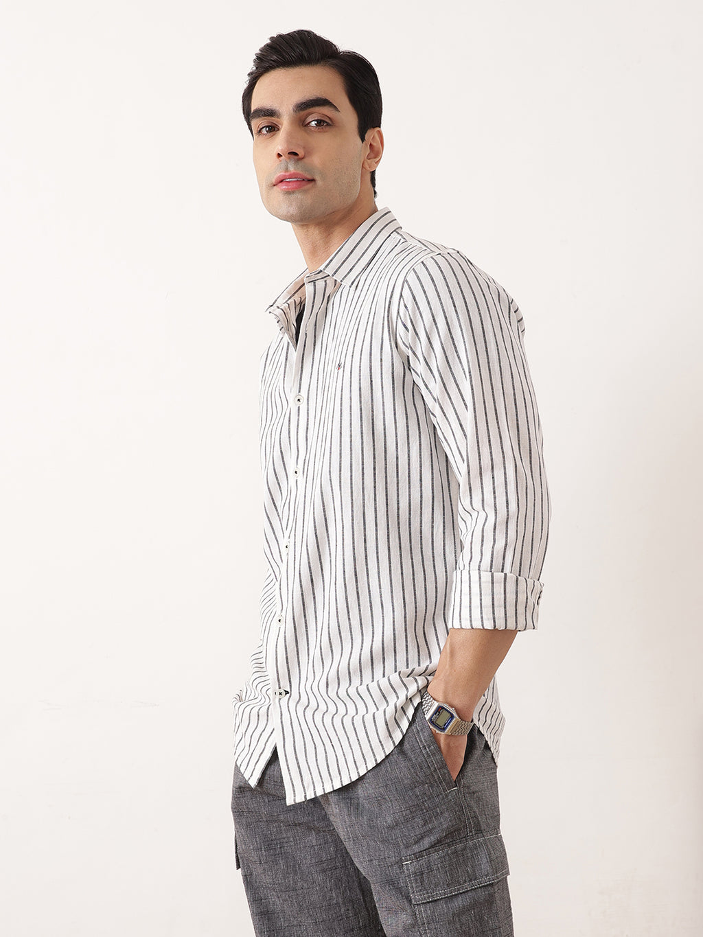 Thomas Scott Men Black Premium Regular Fit Long Sleeves Spread Collar Vertical Stripes Cotton Linen Casual Shirts
