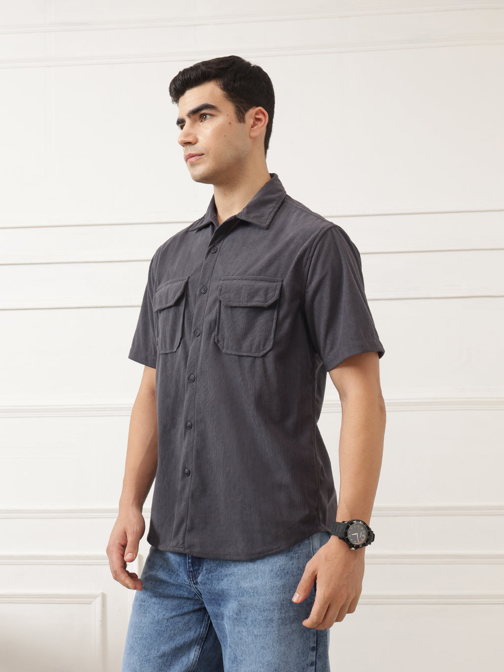 Dark Grey Oversized Short Sleeves Spread Collar Corduroy Shirt For Men