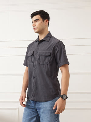 Dark Grey Oversized Short Sleeves Spread Collar Corduroy Shirt For Men