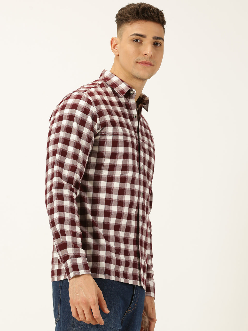 Thomas Scott Men Maroon Standard Long Sleeves Regular Fit Spread Collar Gingham Checked Cotton Casual Shirt