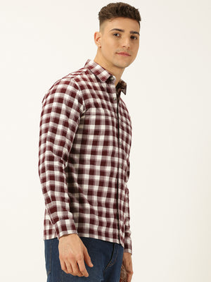 Thomas Scott Men Maroon Standard Long Sleeves Regular Fit Spread Collar Gingham Checked Cotton Casual Shirt