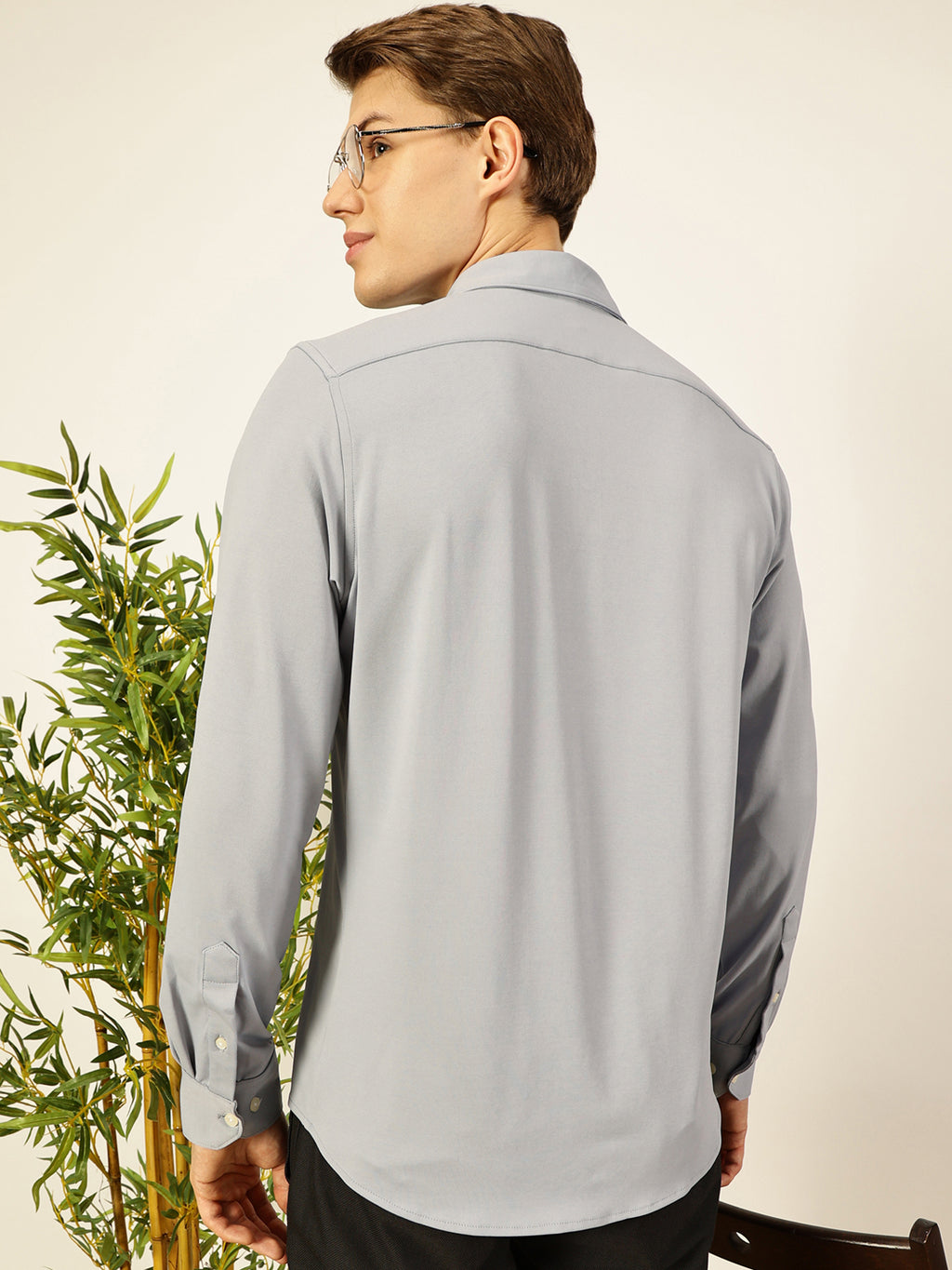 Thomas Scott Men Grey Premium Long Sleeves Slim Fit Spread Collar Solid Knitted Casual Shirt