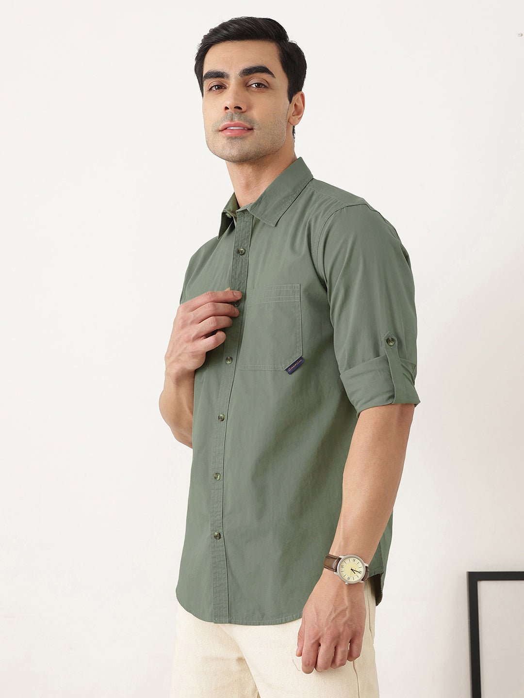 Thomas Scott Men Premium Mint Slim Fit Long Roll-Up Sleeves Spread Collar Solid Cotton Casual Shirts
