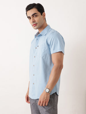 Thomas Scott Men Blue Premium Slim Fit Short Sleeves Spread Collar Solid Cotton Twill Casual Shirt