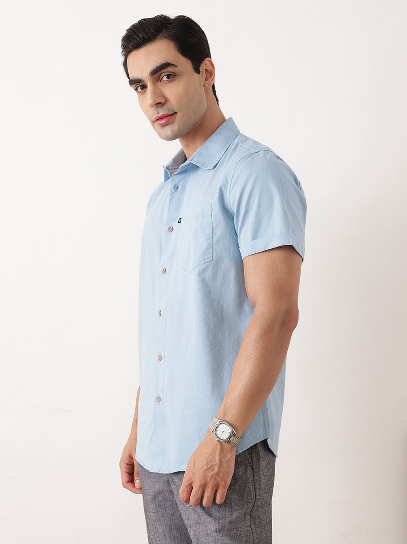 Thomas Scott Men Blue Premium Slim Fit Short Sleeves Spread Collar Solid Cotton Twill Casual Shirt