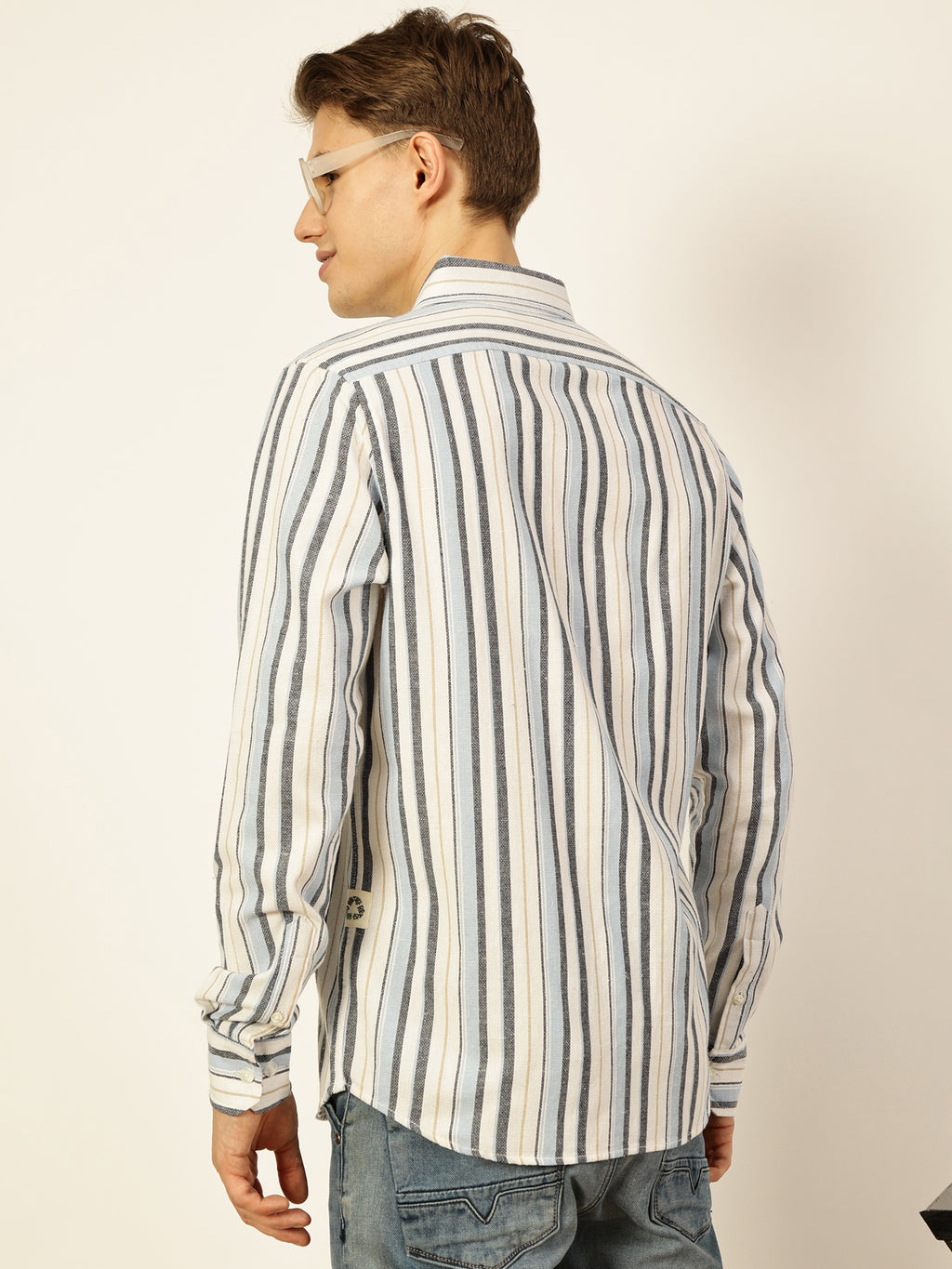 Thomas Scott Men Light Blue Premium Long Sleeves Slim Fit Button-Down Collar Vertical Stripes Casual Shirt