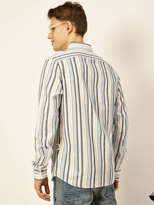 Thomas Scott Men Light Blue Premium Long Sleeves Slim Fit Button-Down Collar Vertical Stripes Casual Shirt