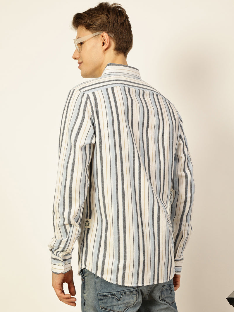 Thomas Scott Men Light Blue Premium Long Sleeves Slim Fit Button-Down Collar Vertical Stripes Casual Shirt