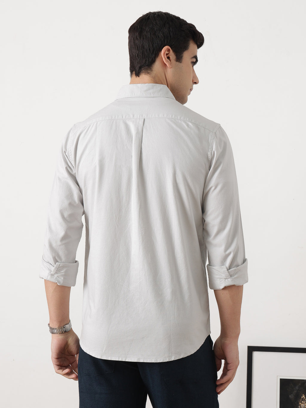 Light Grey Premium Slim Fit Long Sleeves Spread Collar Solid Cotton Oxford Casual Shirt For Men