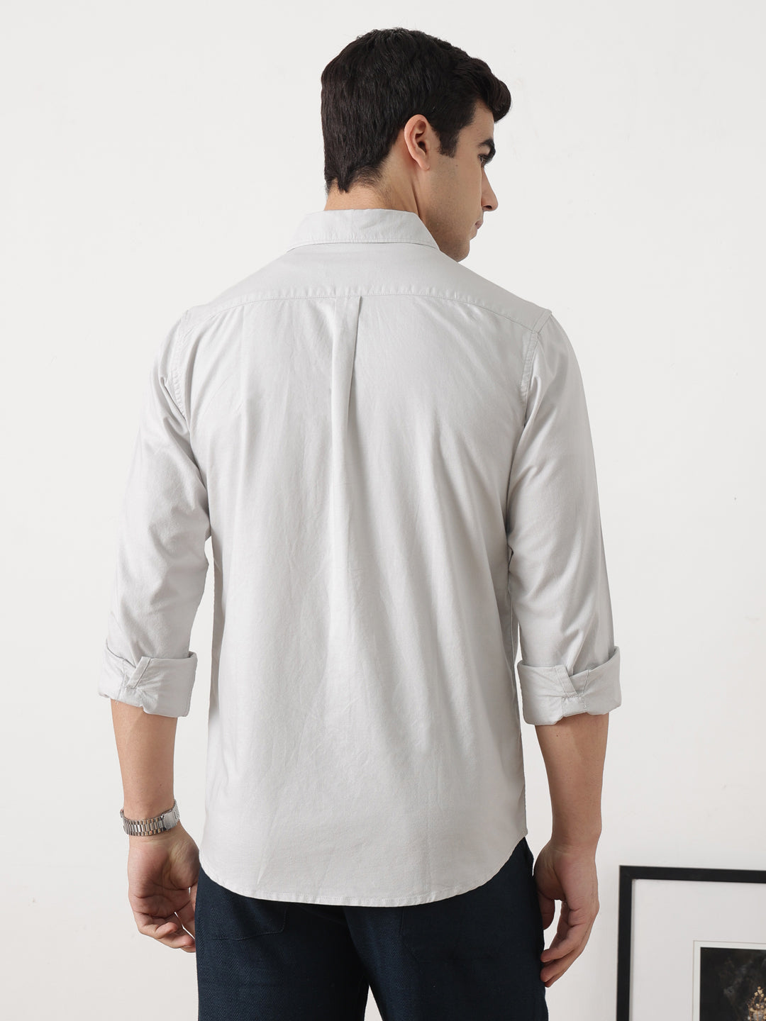 Light Grey Premium Slim Fit Long Sleeves Spread Collar Solid Cotton Oxford Casual Shirt For Men